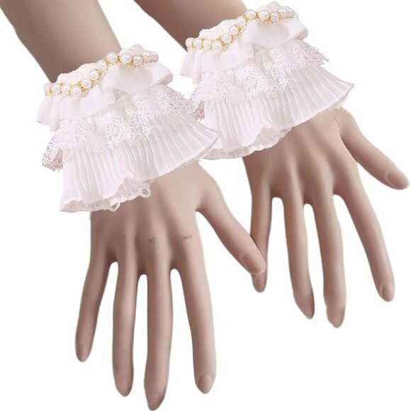 White Pleated Lace Flared Hand Cuffs - Picture 2 of 6
